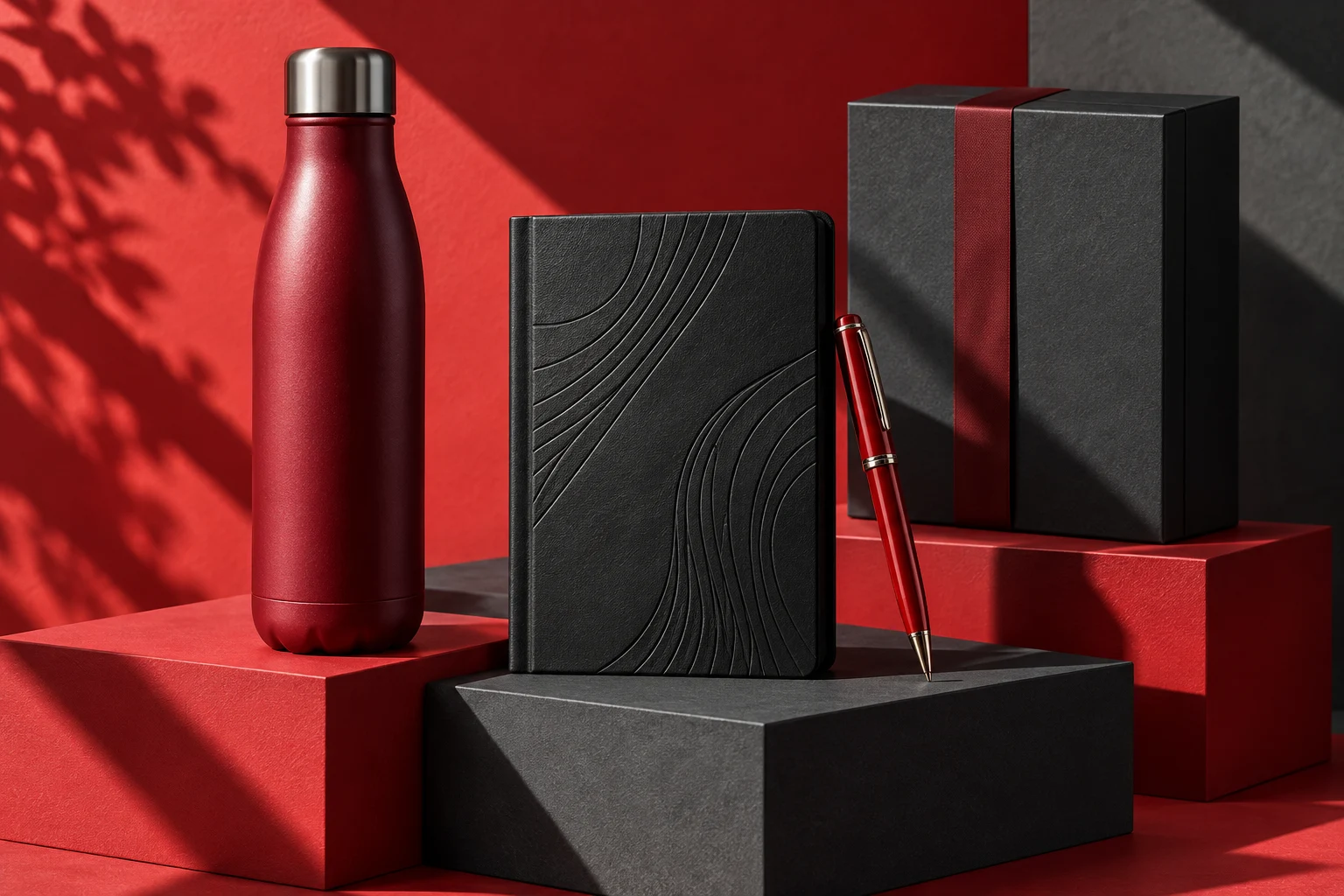 Illustration d’un coffret d’affaires, carnet, stylo et gourde aux matières soignées